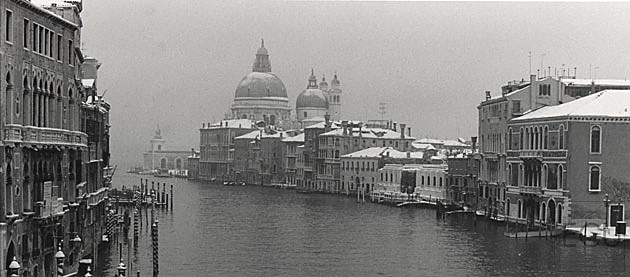 Rare black and white photo of the Grand Canal in winter in snow looking at the Guggenheim and Salute, Venice, Italy