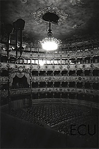 Black and white photo of the interior of the landmark La Fenice theatre before the devastating fire in Venice, Italy