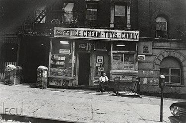 Black and white photo of a classic and lost New York candy store on East 96th Street in Manhattan and which has been destroyed