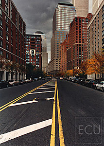 Color photograph of South End Avenue in Battery Park City with the original World Trade Center