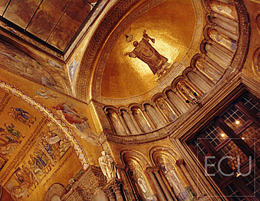 Color photograph of the golden interior of the church of San Marco in Venice, Italy
