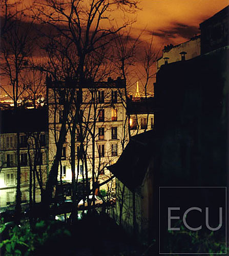 Color photo of the Parisian skyline taken from Monmartre in the 18th arrondisement near Sacré Coeur looking toward the Eiffel Tower in Paris, France
