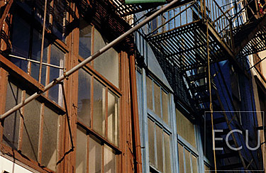 Color photograph of fire escape of loft building near Union Square in Manhattan, New York