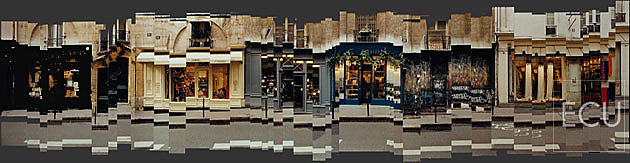 Color collage of photographs illustrating the facades and storefronts of the rue St. Sulpice on the left bank in the 6th arrondisement, Paris, France