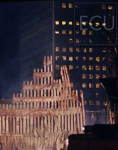 Color photo of the ruins of the World Trade Center in lower Manhattan, New York taken three months after the 9/11 attacks