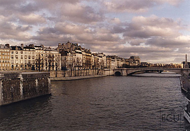 Color photograph of the Seine taken from the Pont de l'Archevêché looking east toward Ile St. Louis in winter in Paris, France