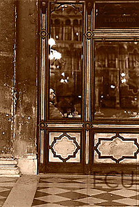 Sepia photo of the landmark Caffe Florian in San Marco in Venice, Italy