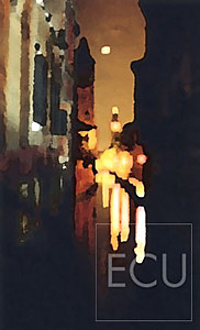 Color photograph and impressionist view taken at night of the canal of San Barnaba in the Dorsoduro sestiere of Venice, Italy